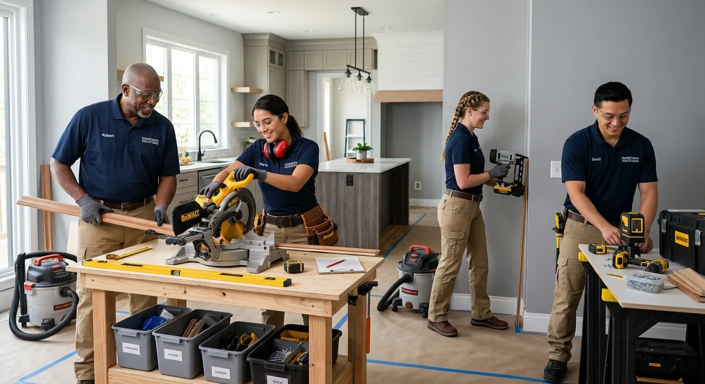 A professional, diverse team of handyman contractors in clean uniforms, collaboratively working on a... A professional, diverse team of handyman contractors in clean uniforms, collaboratively working on a modern residential repair project. Focus on tools, safety gear, and a clean, organized workspace. Style: Bright, high-resolution, professional photography with a focus on skill and teamwork.