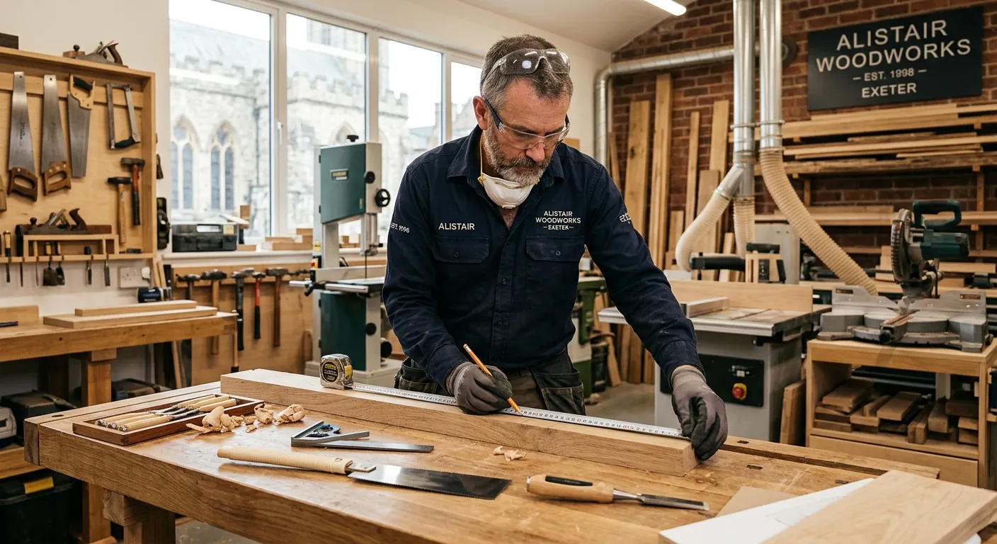A professional carpenter in a clean workshop in Exeter, measuring and cutting wood with precision, w... A professional carpenter in a clean workshop in Exeter, measuring and cutting wood with precision, wearing safety gear, in a well-lit environment that conveys skill and trustworthiness.