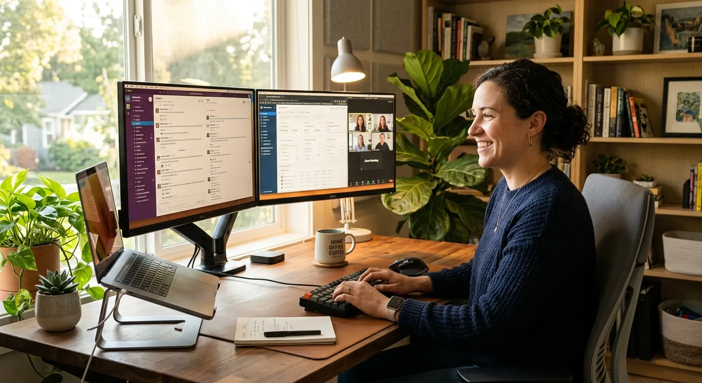 A modern, professional remote worker smiling at their dual-monitor setup in a home office, bathed in warm morning light. The image should convey efficiency, technology, and a positive remote work culture.