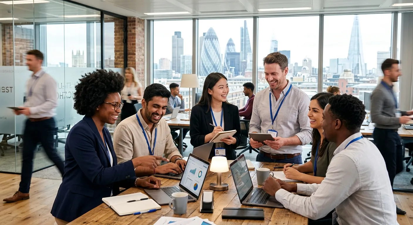 A dynamic, professional photo of a diverse group of temporary workers in a modern London office setting, smiling and collaborating. The image should convey energy, professionalism, and the fast-paced nature of London's business environment. Style: Modern corporate photography with vibrant, natural lighting.