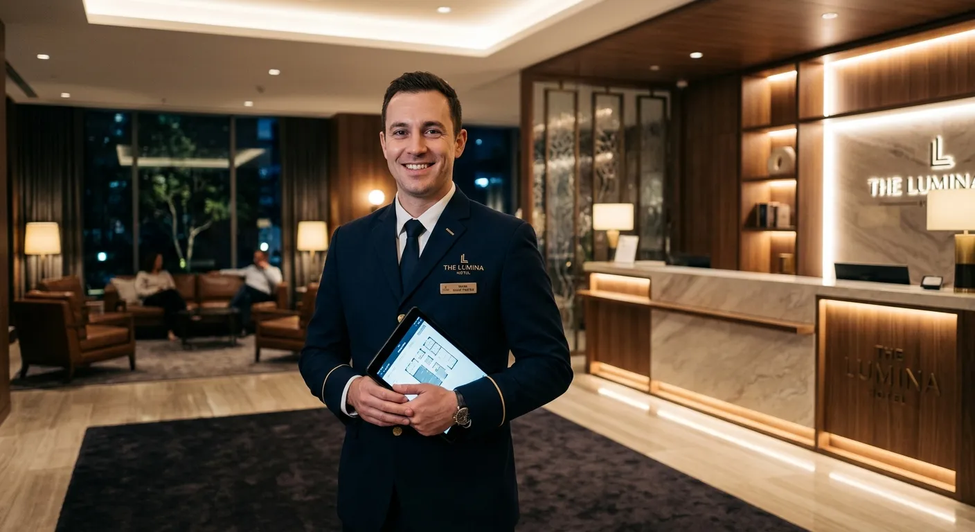 A professional, well-lit image of a Night Porter in a smart uniform, holding a tablet and smiling, s... A professional, well-lit image of a Night Porter in a smart uniform, holding a tablet and smiling, standing in the elegant, quiet lobby of a modern hotel at night. The mood is trustworthy, competent, and calm.