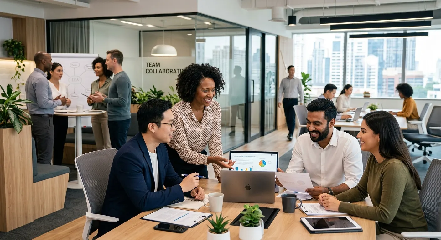 A professional, diverse group of employees in a modern office setting, some collaborating at a desk, others in discussion. The mood is dynamic, successful, and forward-thinking. Style: High-quality corporate stock photography with a focus on human connection and productivity.