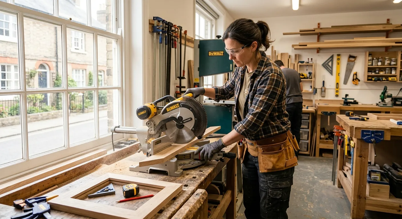 A professional, skilled carpenter in a modern workshop in Cambridge, wearing safety gear and using a power tool to precisely craft a wooden frame, with natural light from a window highlighting the quality of work. The image conveys craftsmanship, skill, and a busy, productive environment.