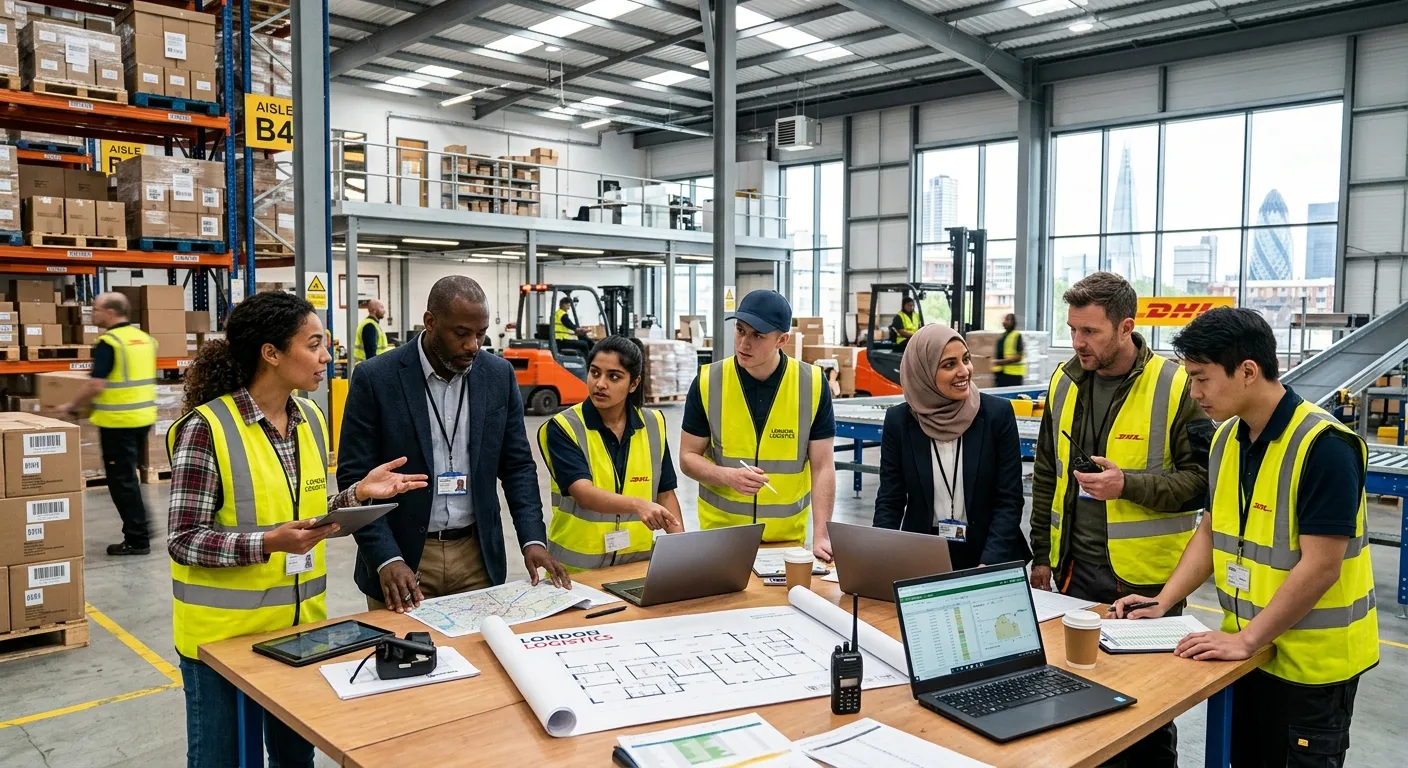 A dynamic, professional shot of a diverse team of warehouse and office workers in high-vis vests and... A dynamic, professional shot of a diverse team of warehouse and office workers in high-vis vests and business attire, collaborating in a modern London-based distribution centre or bright office. The image should convey urgency, professionalism, and teamwork.