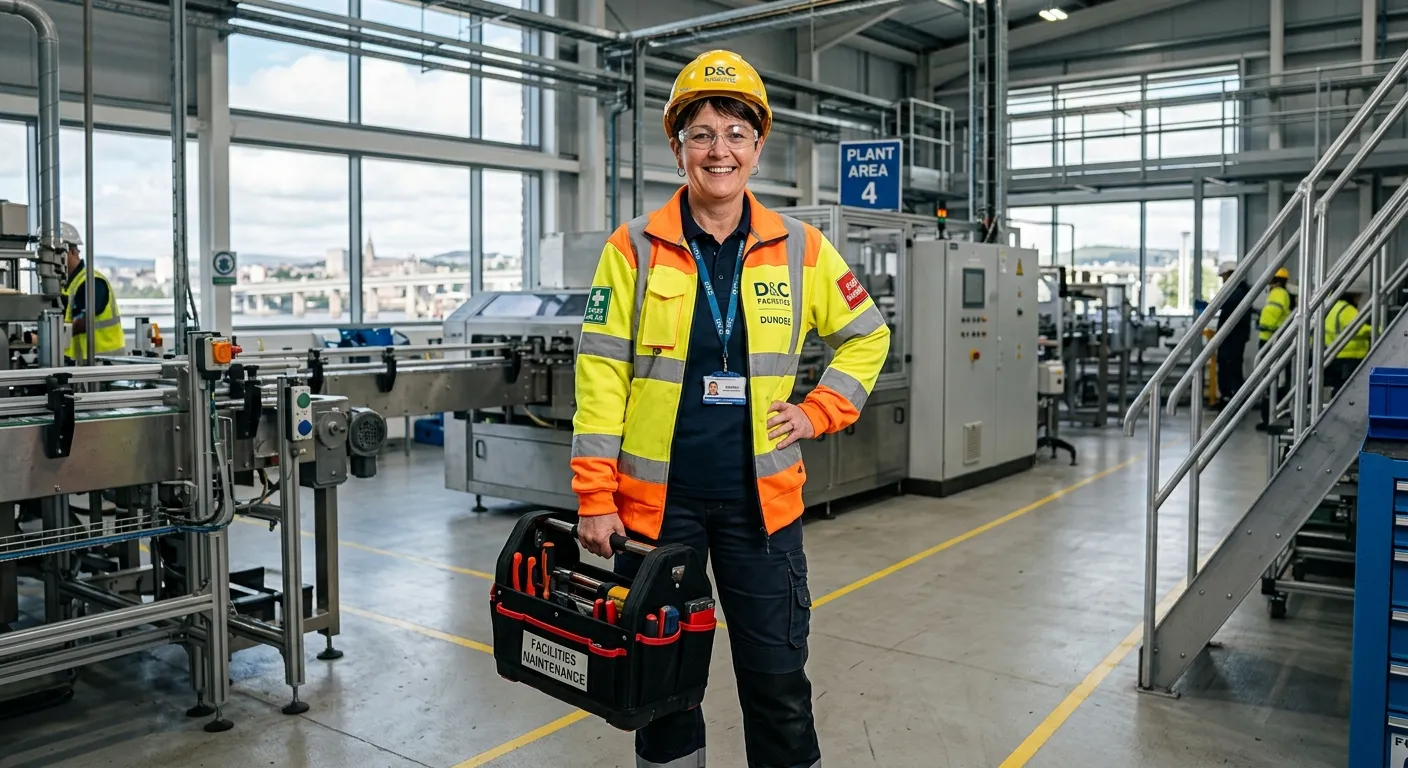 A professional, confident maintenance operative in hi-vis clothing, smiling and holding a toolkit, standing in a well-maintained industrial facility in Dundee. The image should feel trustworthy, skilled, and ready for work.