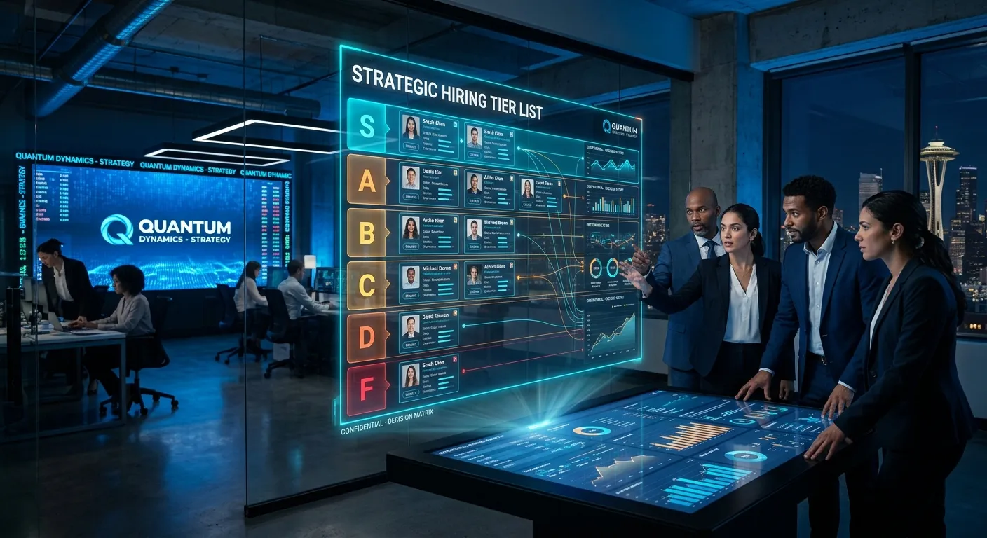 A professional, dynamic composite image showing a strategic command centre overlay with a holographic tier list ranking various candidate profiles. On one side, a modern office with managers reviewing data. Style: corporate, tech-infused, high-contrast. Mood: authoritative, strategic, and decisive.