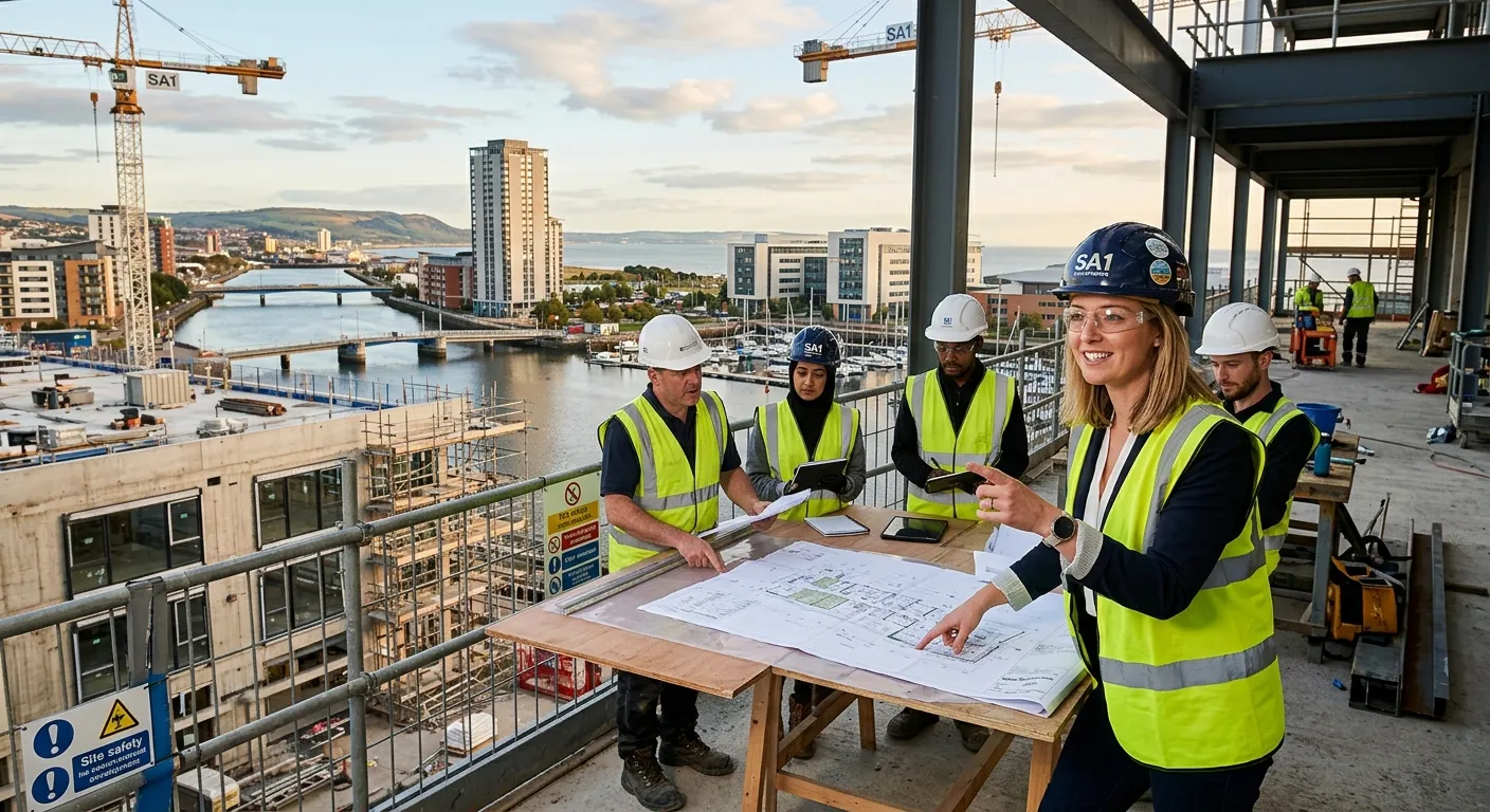 Professional, dynamic image of a Project Manager in a modern Swansea SA1 office or commercial develo... Professional, dynamic image of a Project Manager in a modern Swansea SA1 office or commercial development site, reviewing plans with a team. Style: Confident, local, action-oriented. Show Swansea landmarks in background.