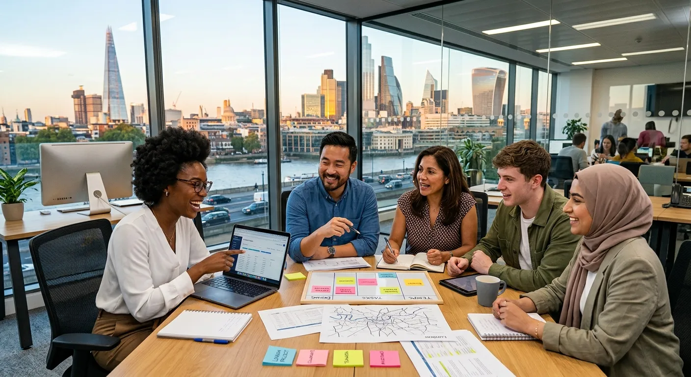 A dynamic, professional photo of a diverse team of temporary workers collaborating in a modern Londo... A dynamic, professional photo of a diverse team of temporary workers collaborating in a modern London office, viewed from a low angle. The city skyline (The Shard, Gherkin) is visible through the windows. Style: Energetic, professional, with a focus on human connection and productivity.
