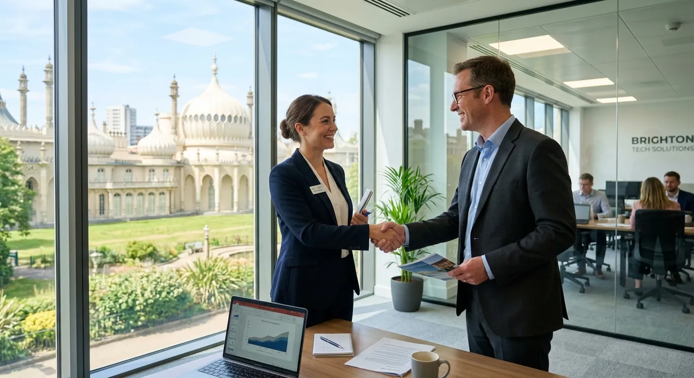 A professional, energetic photo of a Sales Representative shaking hands with a client in a modern Br... A professional, energetic photo of a Sales Representative shaking hands with a client in a modern Brighton office setting, with the Brighton Pavilion visible in the background through a window. The mood is confident, successful, and professional.