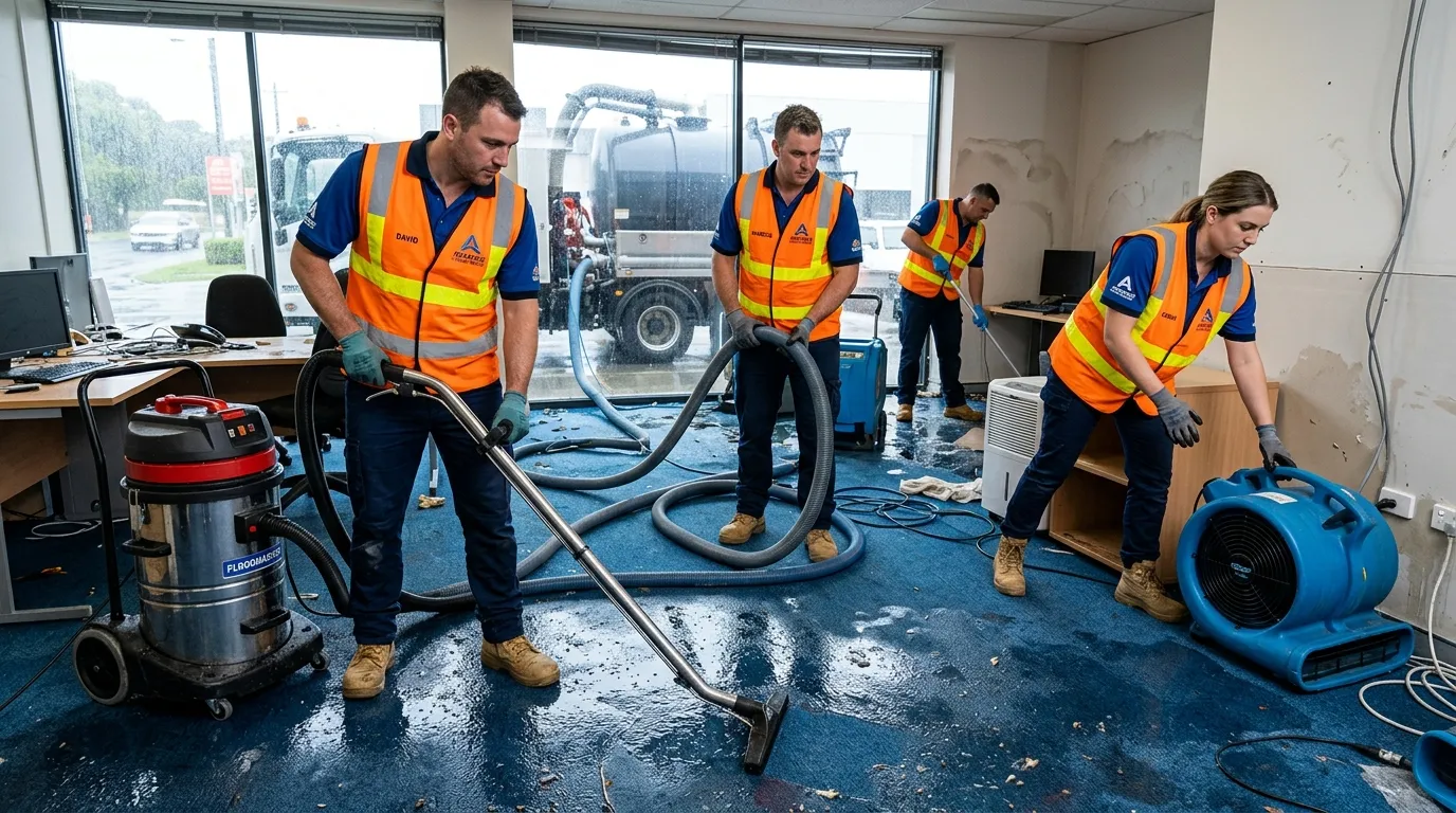 Hero image showing a professional cleaning team in action at an office after a flood, wearing high-visibility vests, using industrial equipment. Mood: Urgent, professional, and solution-oriented.