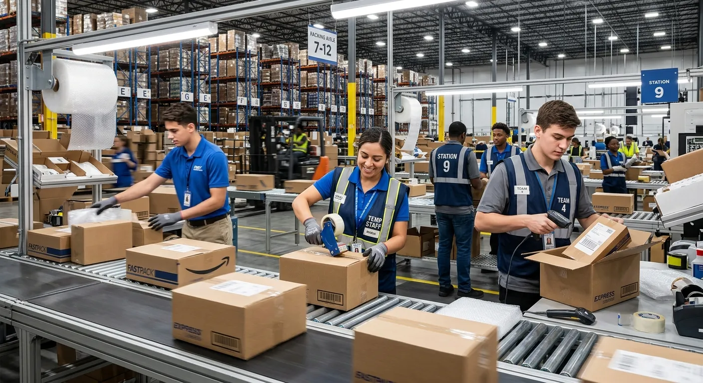 A dynamic, high-energy shot of a modern warehouse in action. Focus on a team of temporary workers efficiently managing a high-volume packing station, with a sense of urgency and precision. Professional, well-lit, vibrant style.