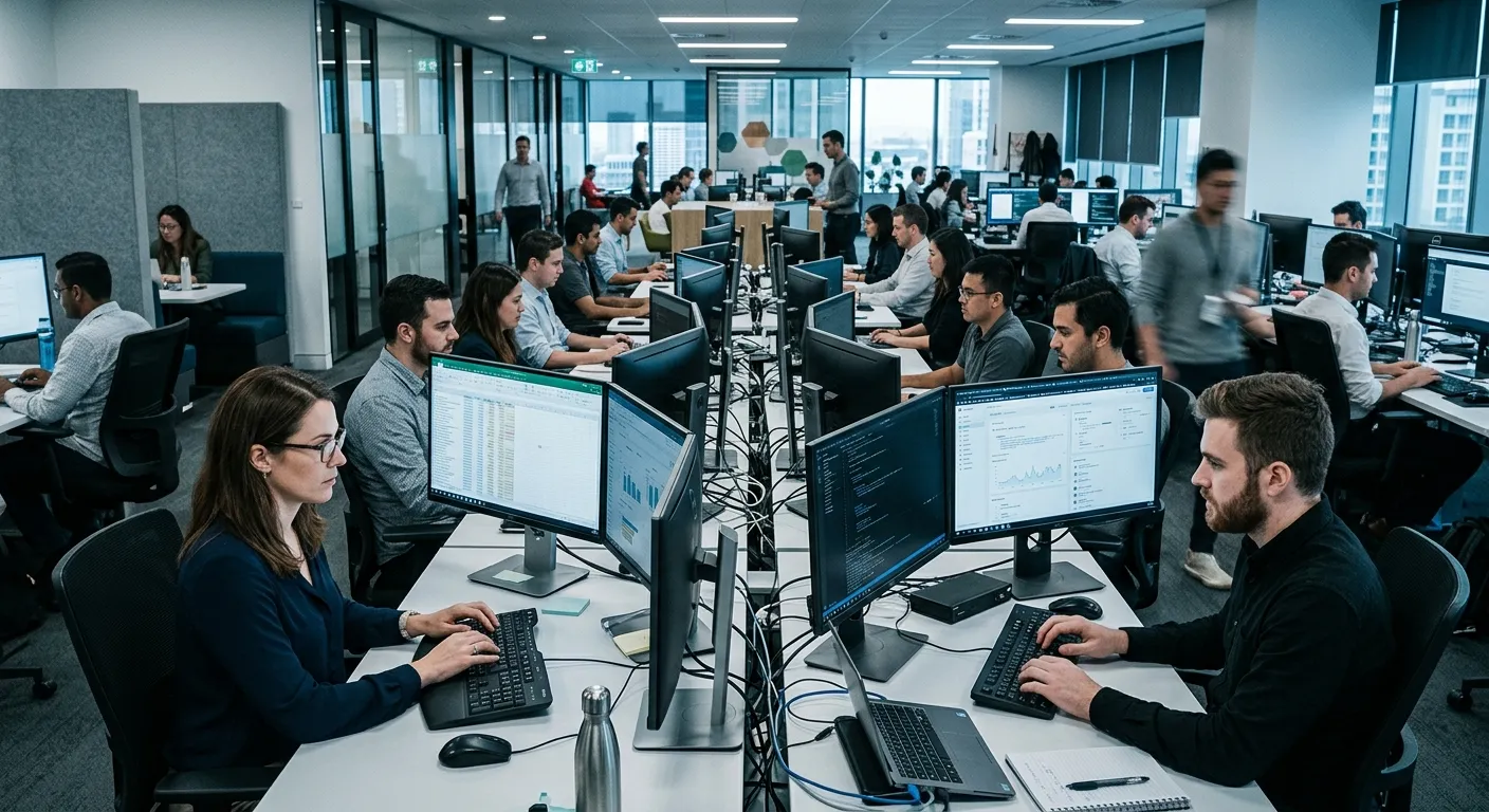 A modern, dynamic office scene with multiple professionals focused on dual monitors, inputting data... A modern, dynamic office scene with multiple professionals focused on dual monitors, inputting data quickly. The atmosphere is professional, efficient, and high-tech. Use a slightly desaturated, cool-toned filter.