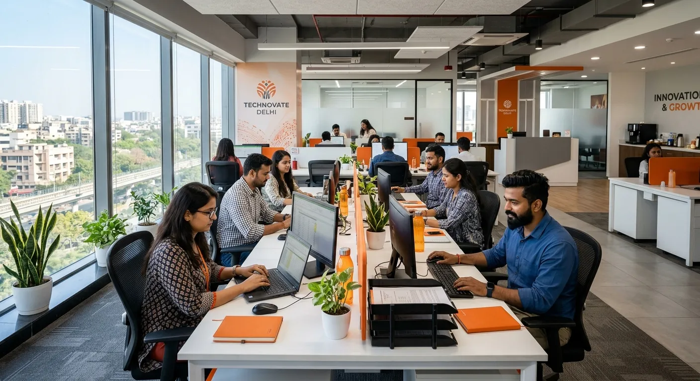 Modern, brightly lit Delhi office with diverse professionals entering data on computers, clean desks... Modern, brightly lit Delhi office with diverse professionals entering data on computers, clean desks, organized files, subtle orange accent branding, realistic corporate style, optimistic mood