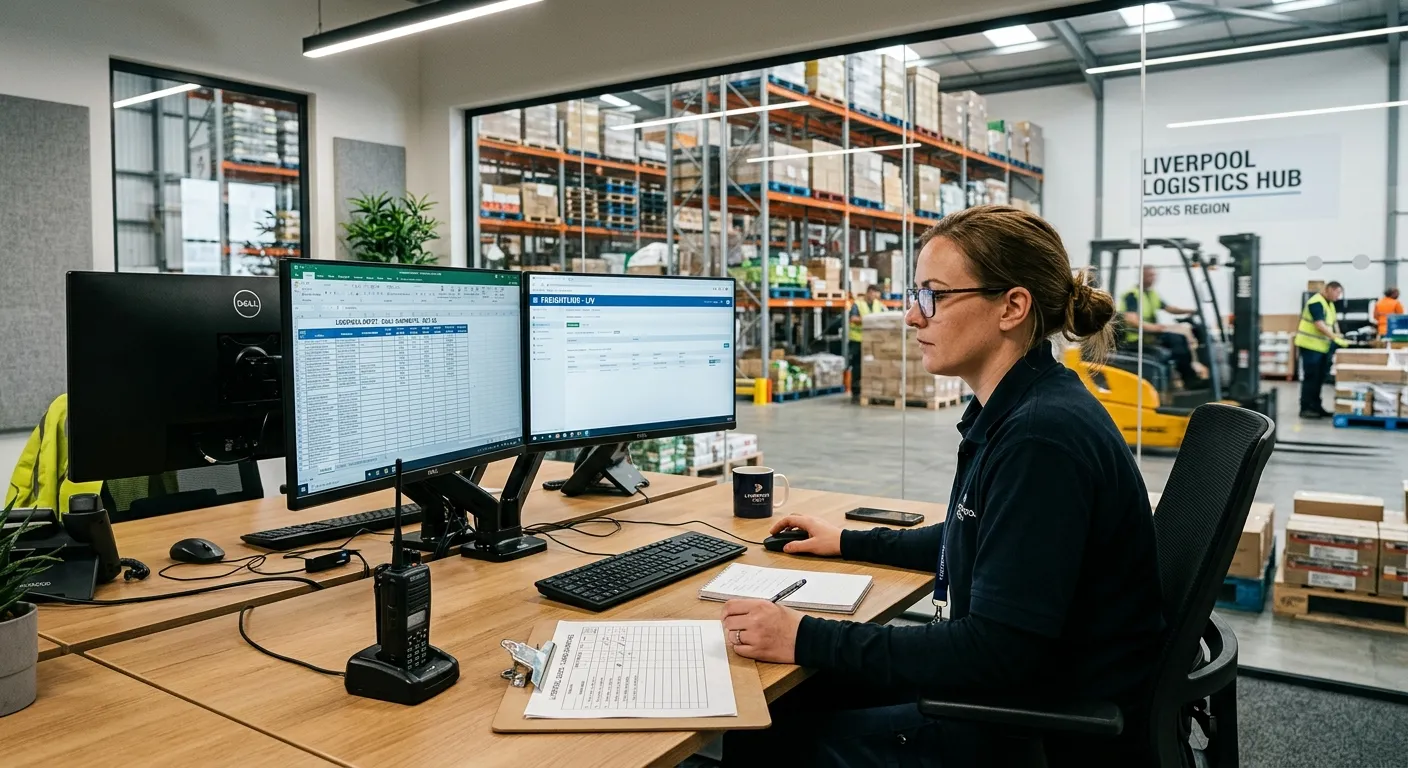 A professional, well-lit photo of a modern logistics coordination office in a warehouse setting in L... A professional, well-lit photo of a modern logistics coordination office in a warehouse setting in Liverpool. A person is reviewing a shipment schedule on a dual-screen monitor, with a clipboard and radio handset on the desk. Style: authentic, professional, modern workplace.