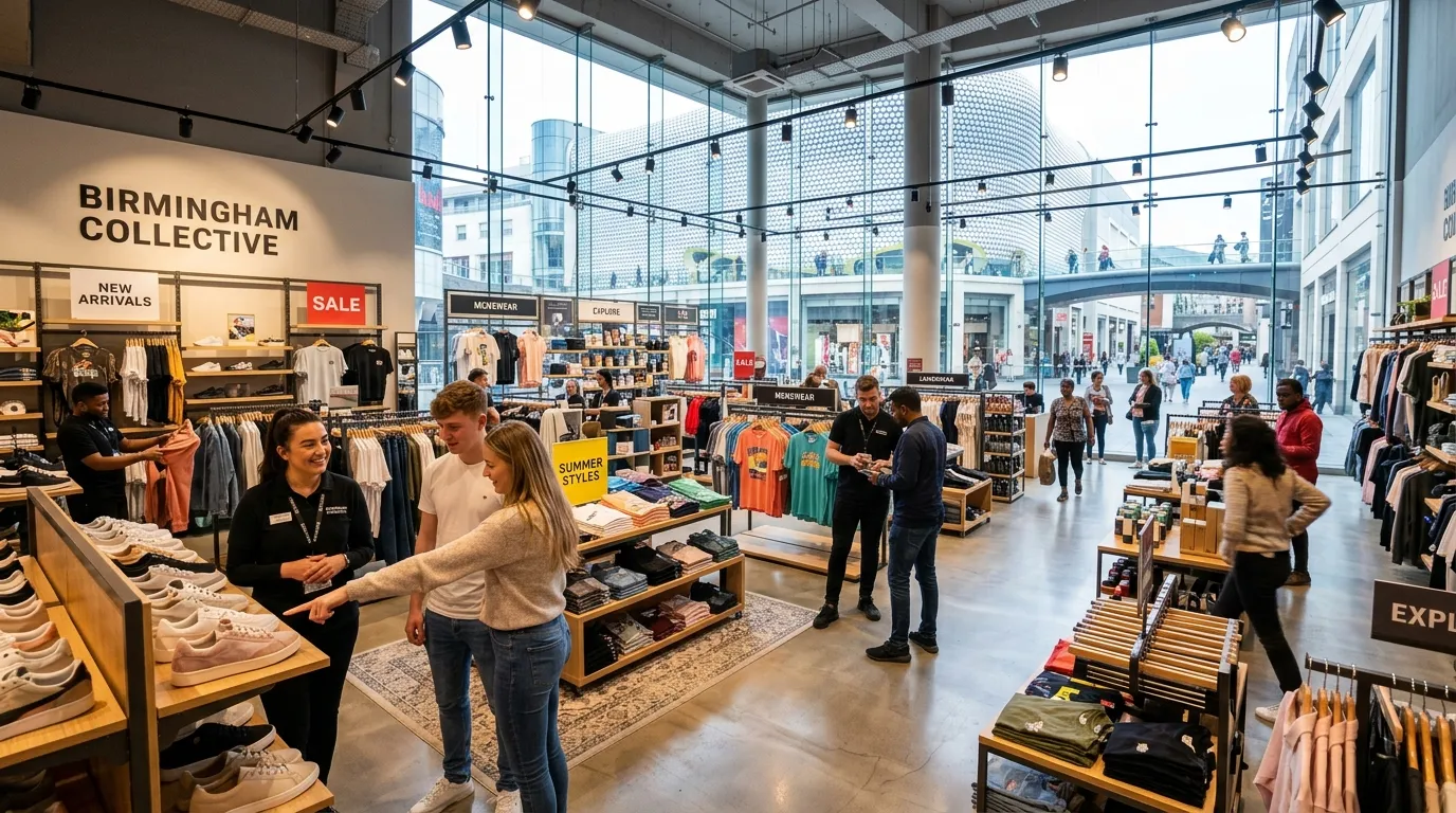 A vibrant, wide-angle photograph of the interior of a modern retail store in Birmingham's Bullring, showing assistants helping customers and neat product displays.