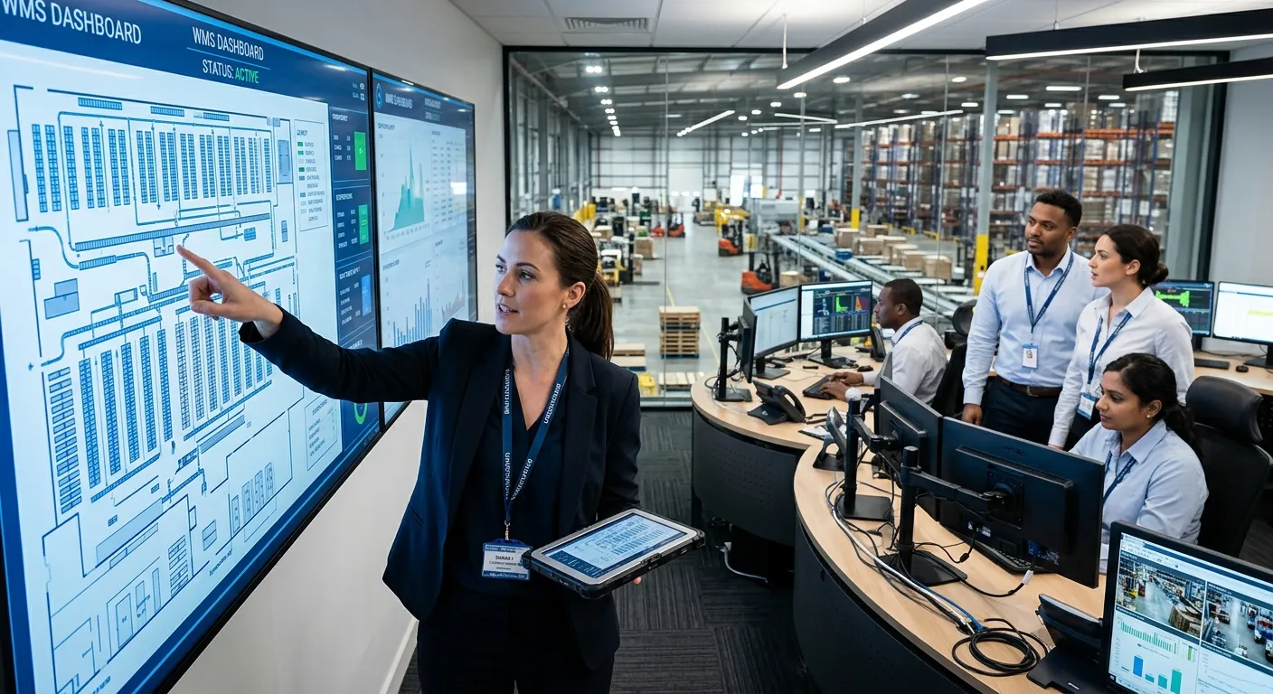 A dynamic, professional photo of a project manager in a modern logistics hub control room. They are... A dynamic, professional photo of a project manager in a modern logistics hub control room. They are pointing at a large screen displaying warehouse schematics, with team members in the background. The mood is focused, competent, and high-energy.