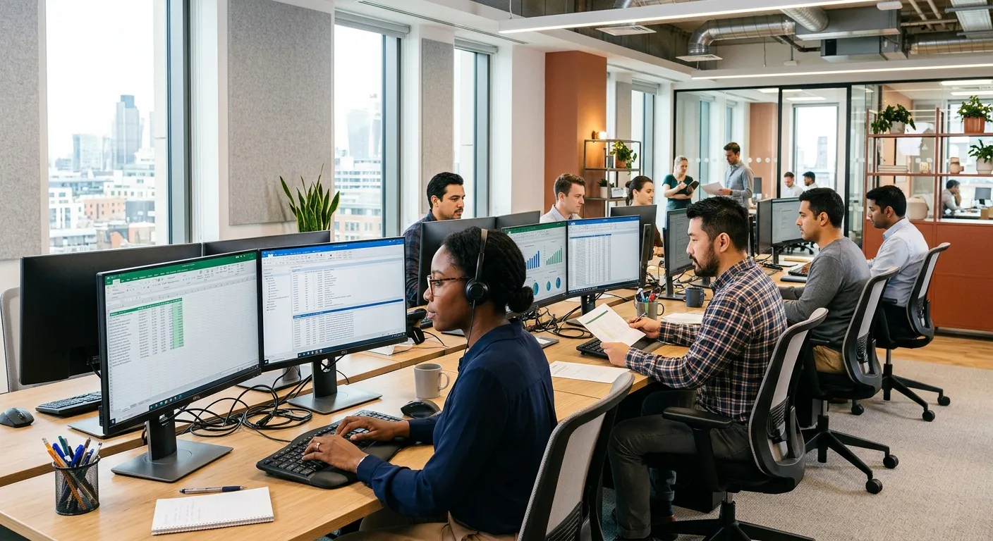 A modern, vibrant office workspace focused on data entry professionals. A diverse team is working efficiently on dual monitors in a bright, organised office setting. The mood is professional, productive, and tech-forward.