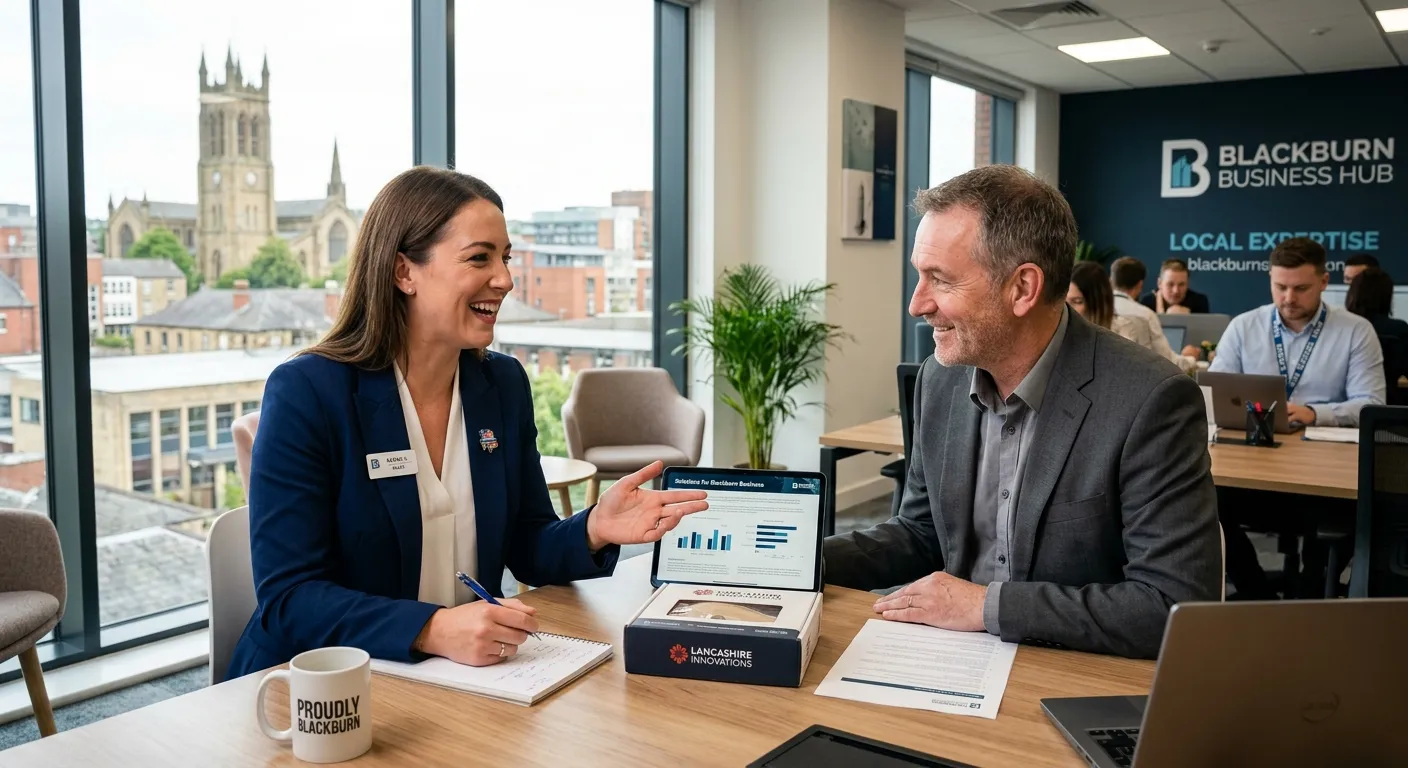 A professional and energetic photograph of a Sales Representative smiling and discussing a product with a client in a modern Blackburn office setting. The image should convey professionalism, success, and local relevance.