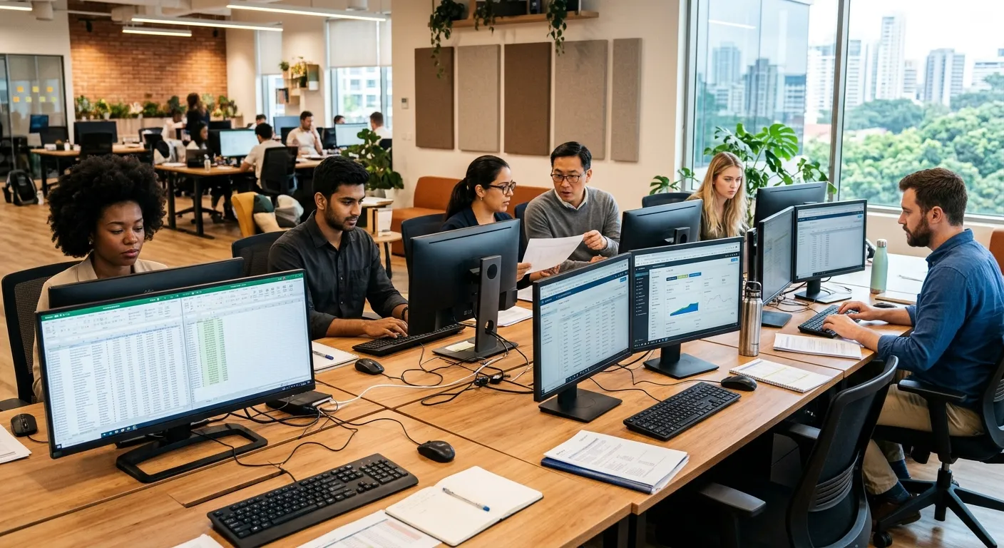 A diverse team of professionals in a modern office, collaboratively working on data entry tasks on multiple monitors. The mood is focused, efficient, and professional, with a warm, inviting office aesthetic.