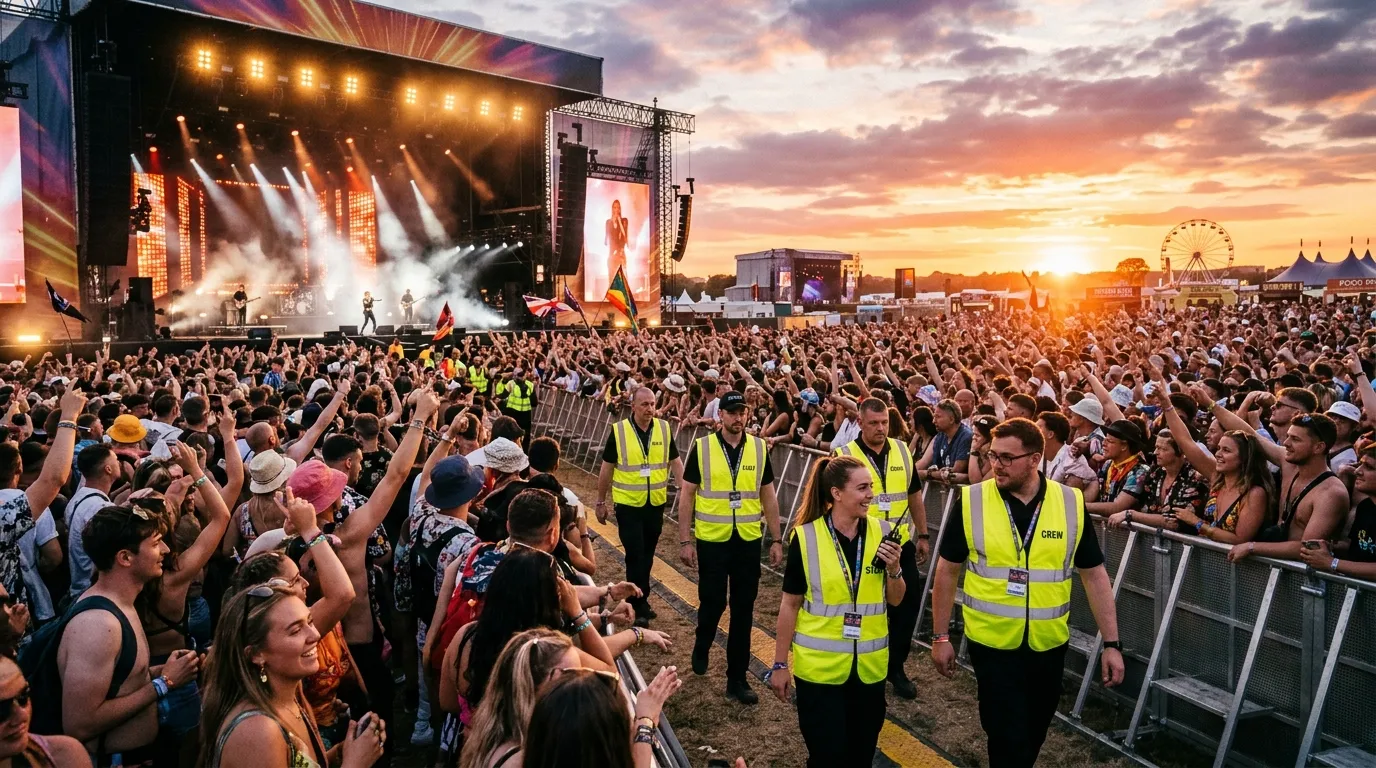 Modern festival crowd at sunset, staff team in high-visibility vests and lanyards, energetic professional mood, cinematic wide shot