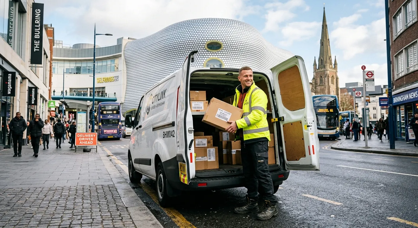 A professional, confident multi-drop delivery driver in high-visibility clothing, loading parcels in... A professional, confident multi-drop delivery driver in high-visibility clothing, loading parcels into a modern van on a street in Birmingham city centre, with iconic Bullring architecture subtly visible in the background. Style: authentic, aspirational, professional.