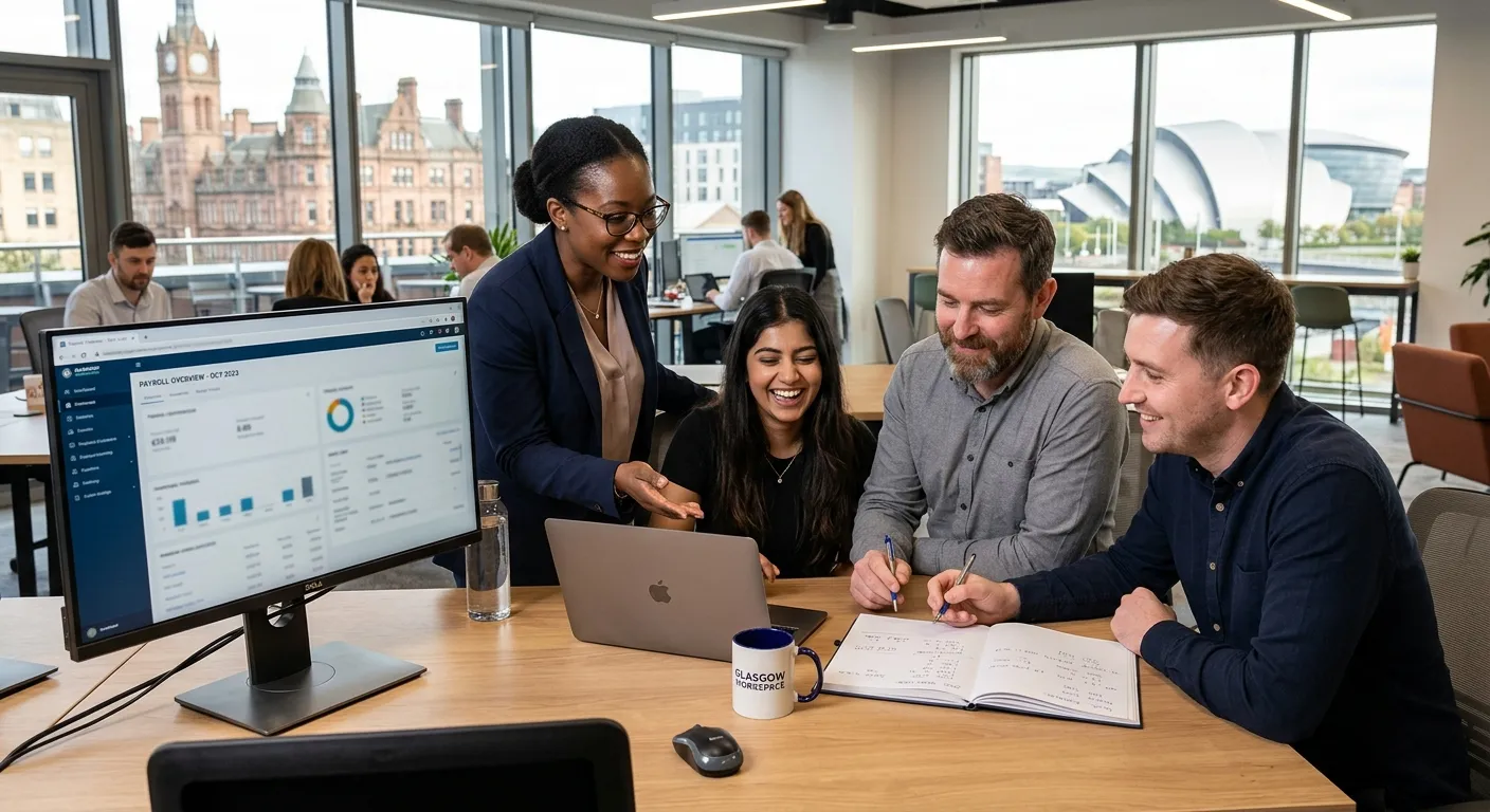 A professional, well-lit photo of a modern Glasgow city centre office workspace, focusing on a diverse team collaborating. On a desk, a computer screen shows payroll software (blurred for privacy) and a notebook with calculations. The mood is efficient, friendly, and professional.