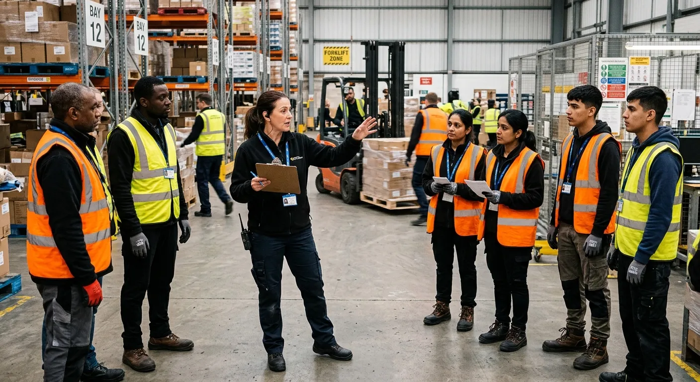 A dynamic, professional photo of a diverse team of temporary workers in high-visibility vests being... A dynamic, professional photo of a diverse team of temporary workers in high-visibility vests being briefed by a manager in a bustling warehouse or event setting. Style: Authentic, action-oriented. Mood: Urgent, reliable, and solution-focused.