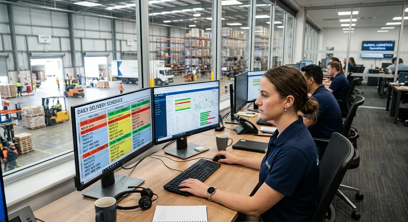 A logistics coordinator at a dual-monitor workstation in a modern office overlooking a warehouse, checking a digital schedule with multiple delivery windows highlighted