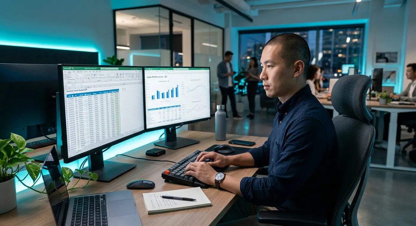 A modern, professional workspace with a focused individual working on dual monitors, inputting data into a spreadsheet. The mood is efficient, digital, and precise. Style: professional stock photo with a slight blue/teal accent lighting.