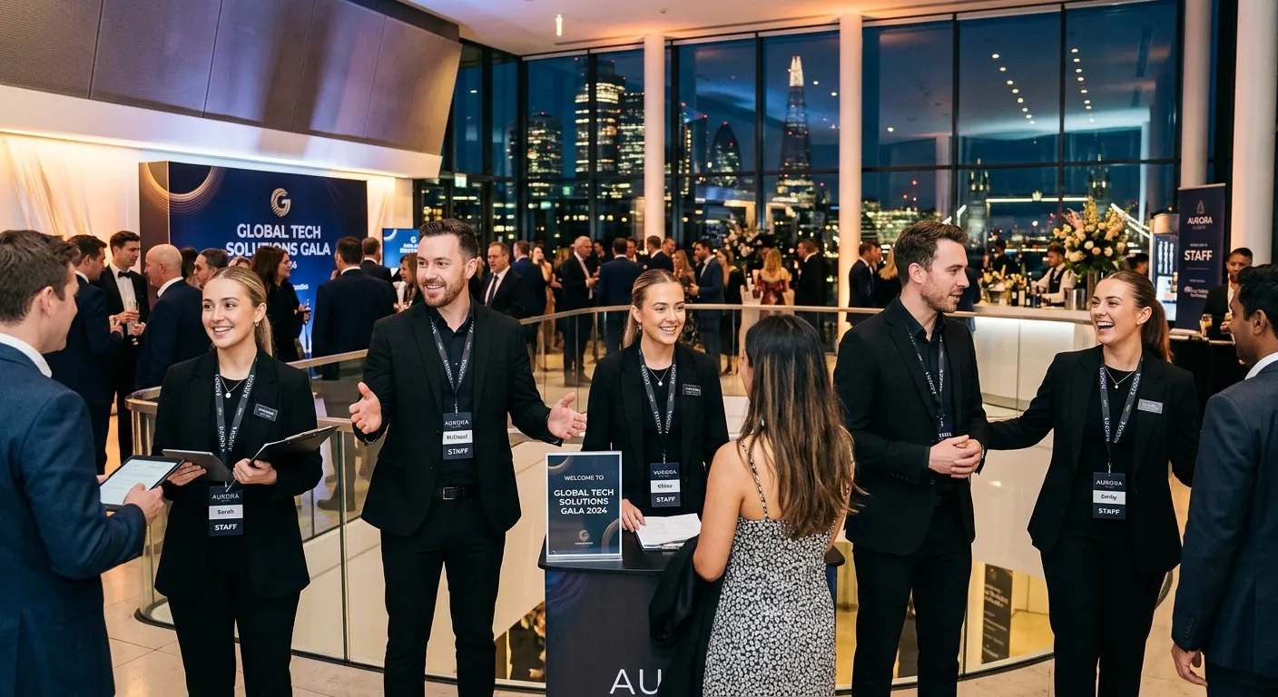 Professional event staff team in London coordinating a high-end corporate gala at a modern venue, we... Professional event staff team in London coordinating a high-end corporate gala at a modern venue, wearing branded black attire, smiling and assisting guests, mood is energetic and polished