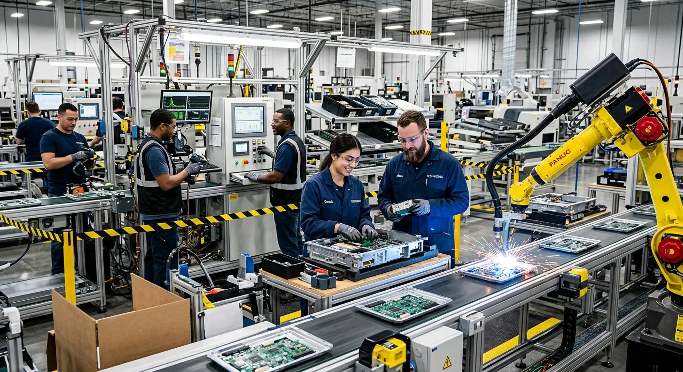 A dynamic, high-energy shot of a modern factory floor with skilled assembly line workers and automated machinery, showcasing teamwork and efficiency. Professional, vibrant style.