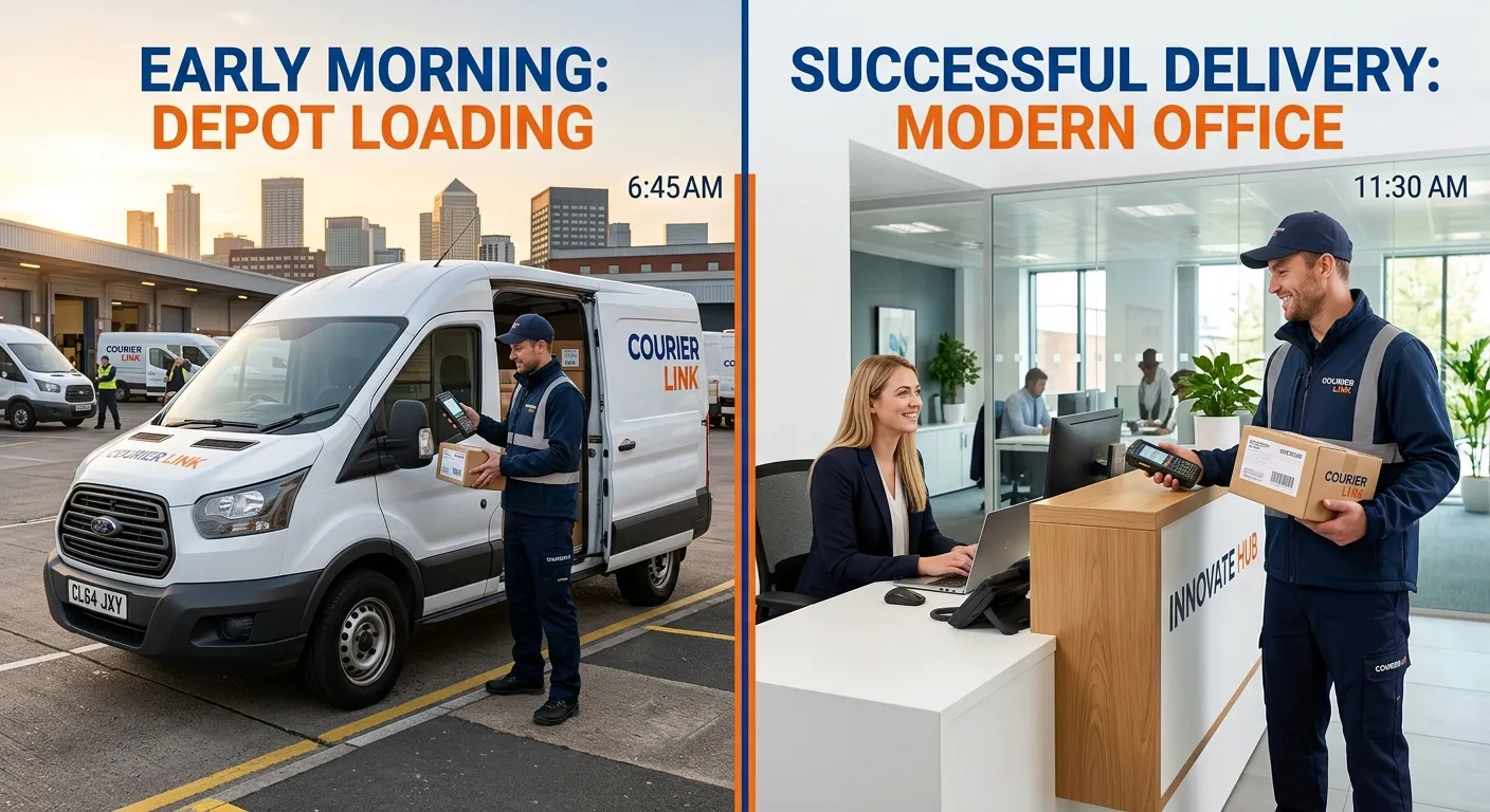 A dynamic, split-screen graphic showing a driver's day: left side shows a driver using a handheld PD... A dynamic, split-screen graphic showing a driver's day: left side shows a driver using a handheld PDA at a van door in an urban depot early morning, right side shows the same driver successfully delivering a parcel to a smiling receptionist in a modern office building.