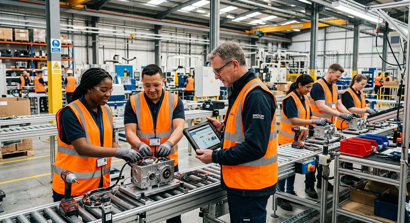A dynamic, high-energy photo of a modern, well-lit factory floor. A diverse group of agency workers in high-visibility vests and safety gear are collaborating on an assembly line, with a supervisor checking a tablet. The mood is professional, efficient, and industrious.