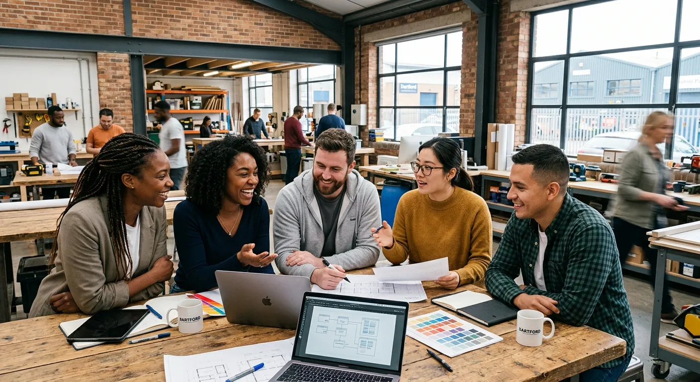 Professional, high-energy photo of a diverse group of employees collaborating in a modern Dartford o... Professional, high-energy photo of a diverse group of employees collaborating in a modern Dartford office or light industrial setting. Focus on teamwork and positive energy. Style: Vibrant, authentic, professional.