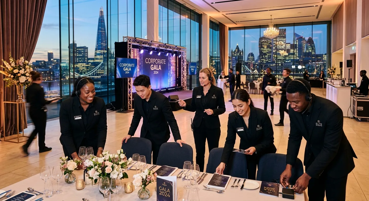 A dynamic, professional photo of a diverse event team in London, dressed in crisp black uniforms, setting up an elegant corporate gala at a modern venue. Style: Vibrant, high-energy, professional. Mood: Confident, efficient, and scalable.