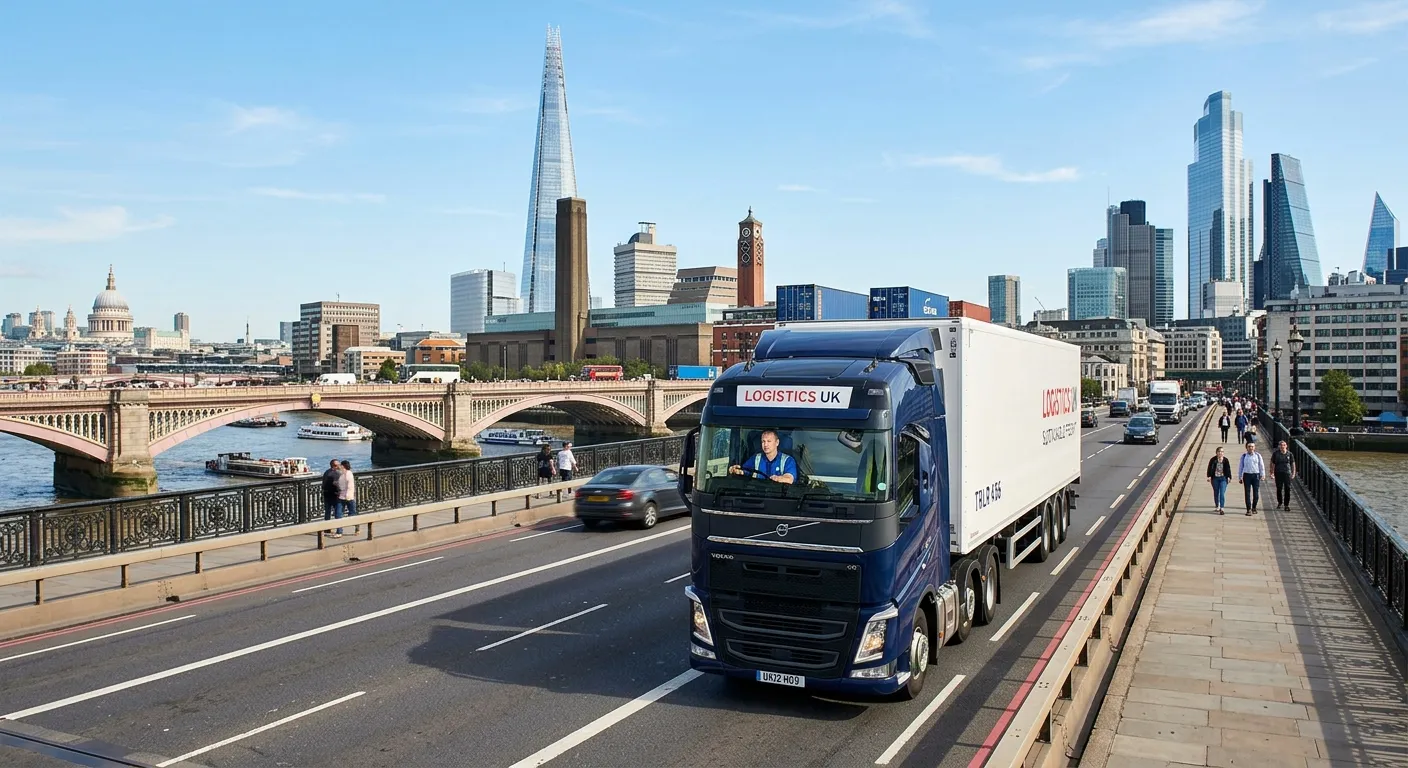 A professional, dynamic image of a modern articulated lorry (Class 1 HGV) driving across Blackfriars Bridge with the South Bank London skyline (including the Shard) in the background. The driver should be visible in the cab, looking focused. Style should be bright, clear, and inspiring.