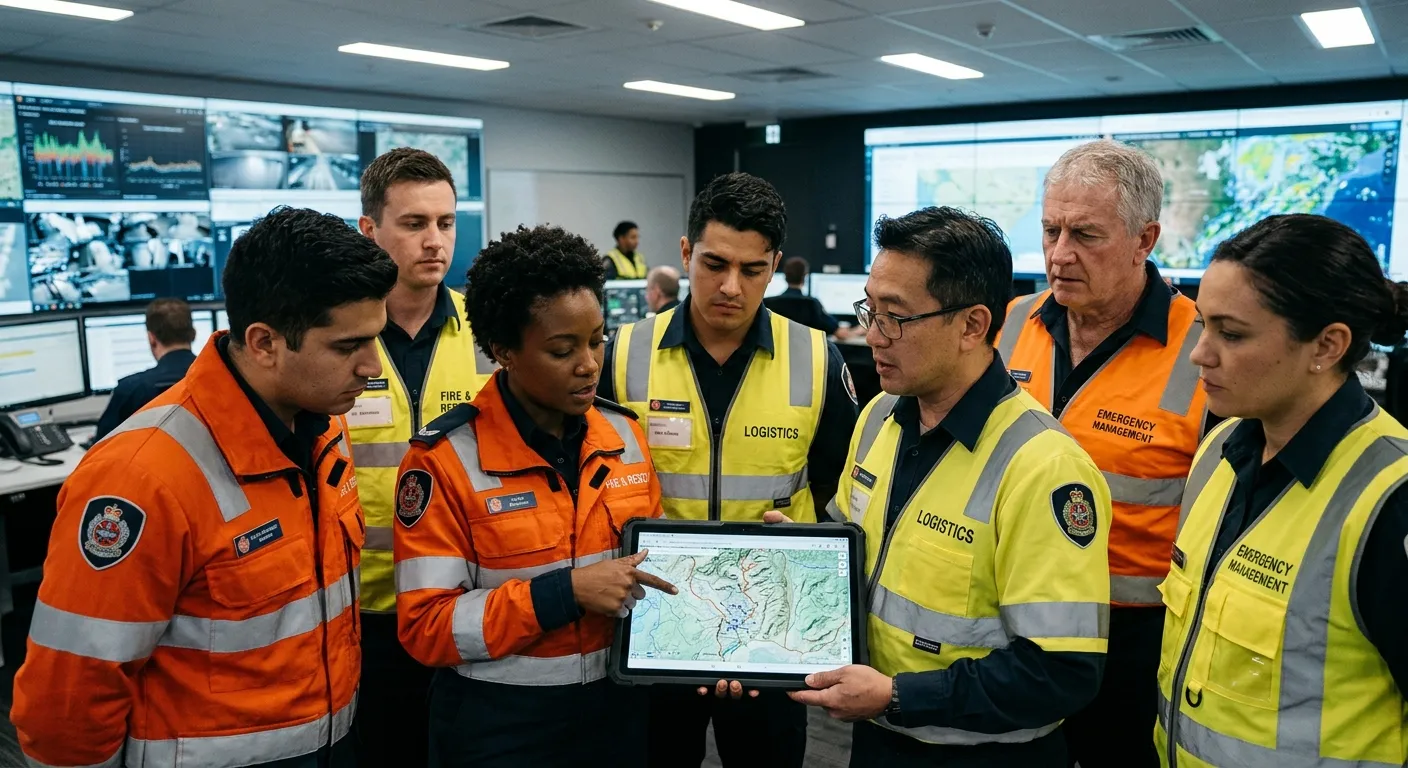 A diverse team of emergency response and logistics professionals in high-visibility gear, gathered a... A diverse team of emergency response and logistics professionals in high-visibility gear, gathered around a digital map on a tablet in a modern operations centre. The mood is focused, urgent, and professional.