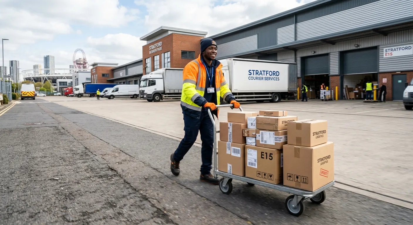 A professional, high-energy photo of a porter in high-visibility clothing, efficiently moving goods... A professional, high-energy photo of a porter in high-visibility clothing, efficiently moving goods on a trolley through a modern, clean industrial estate or retail loading bay in Stratford, London. The image conveys movement, reliability, and the dynamic pace of the job.