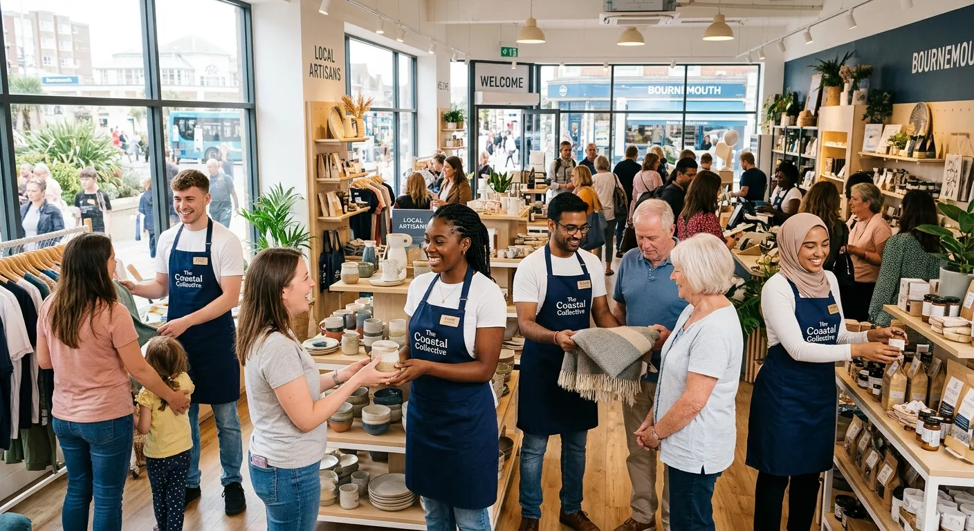 A diverse, professional team of retail assistants smiling in a modern Bournemouth store, helping cus... A diverse, professional team of retail assistants smiling in a modern Bournemouth store, helping customers and arranging products. Bright, welcoming, and professional atmosphere.