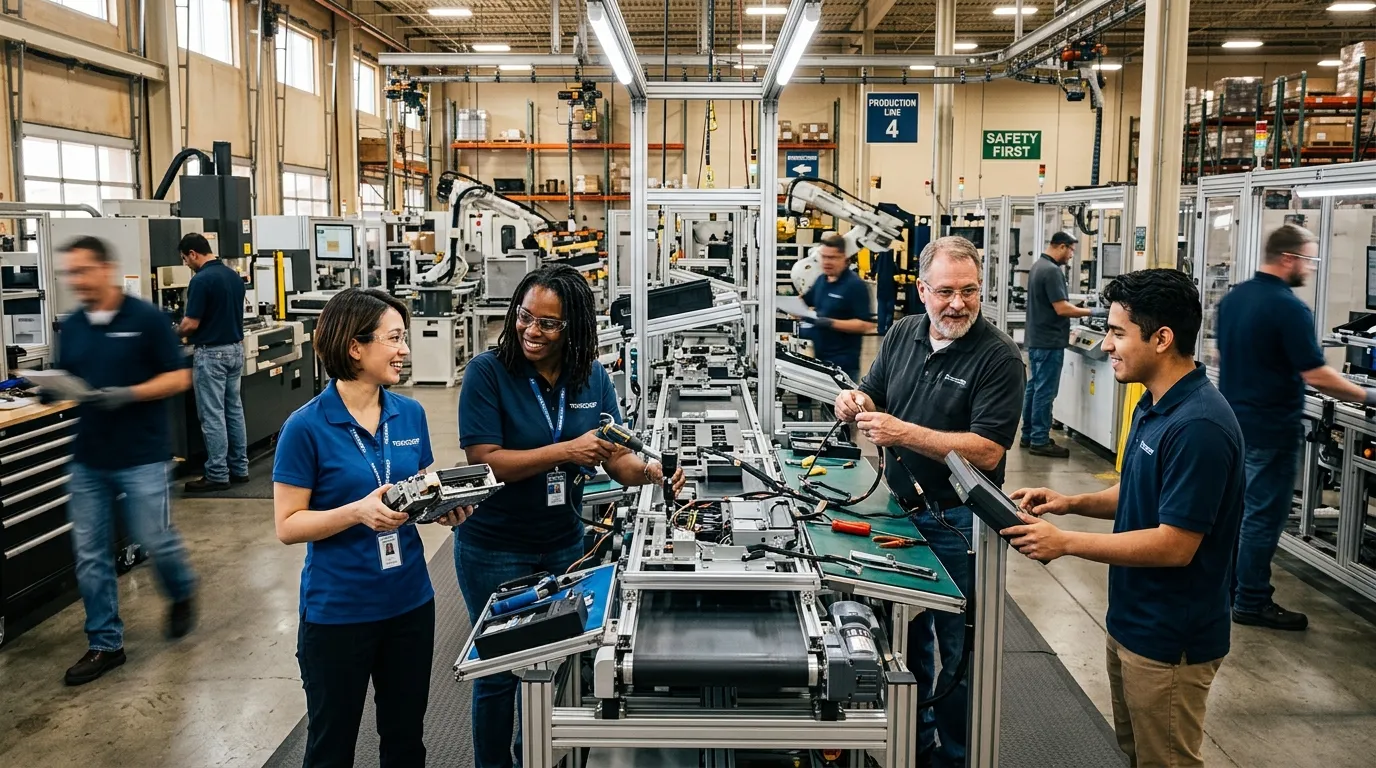 A dynamic, professional hero image showing a modern, busy factory floor with diverse workers collaborating on an assembly line. High-energy, professional mood.