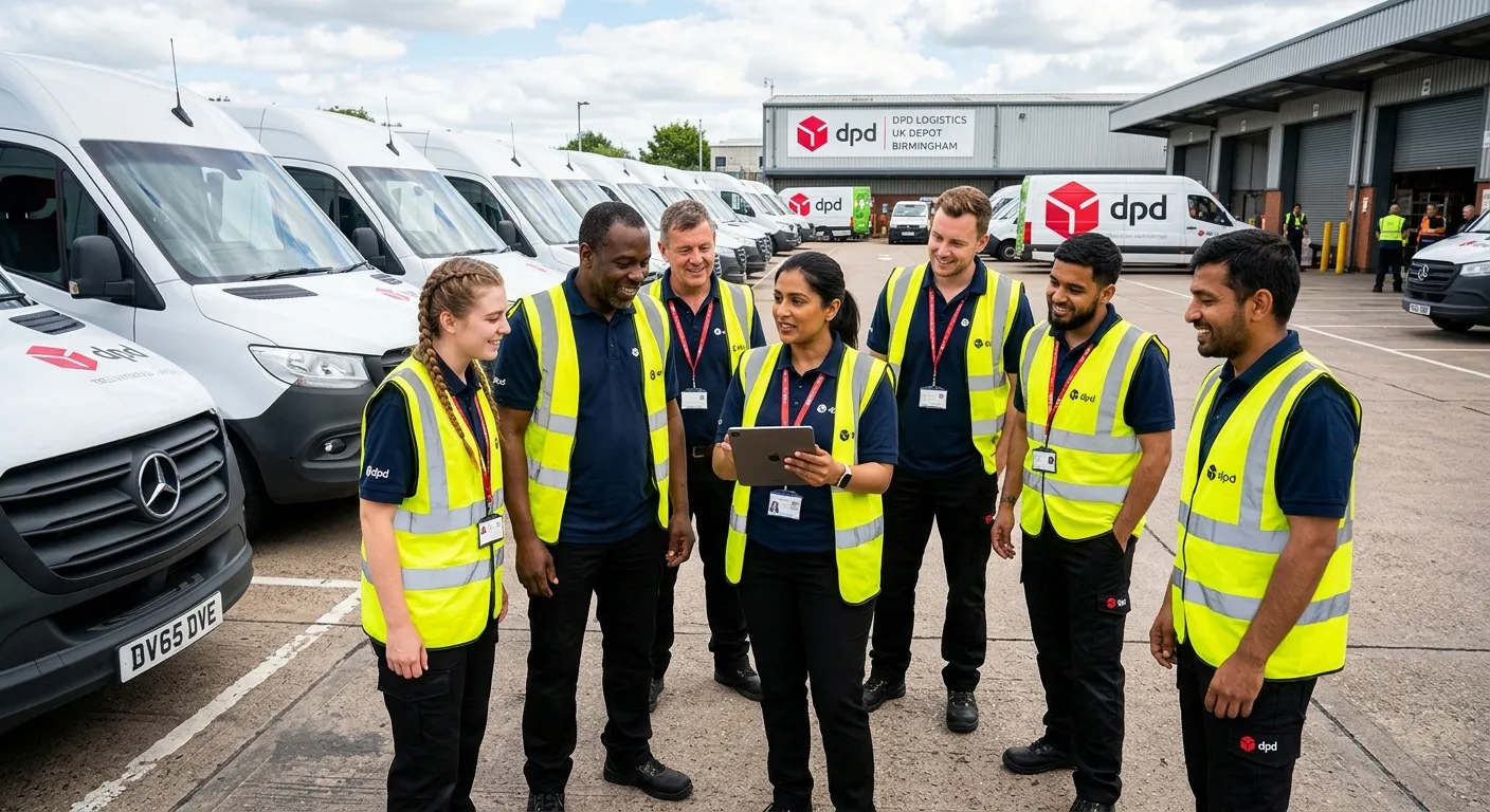 A professional, modern photograph of a diverse team of drivers in high-visibility vests gathered around a logistics manager with a tablet, standing beside a fleet of vans. The style is vibrant, confident, and action-oriented, set in a UK depot.