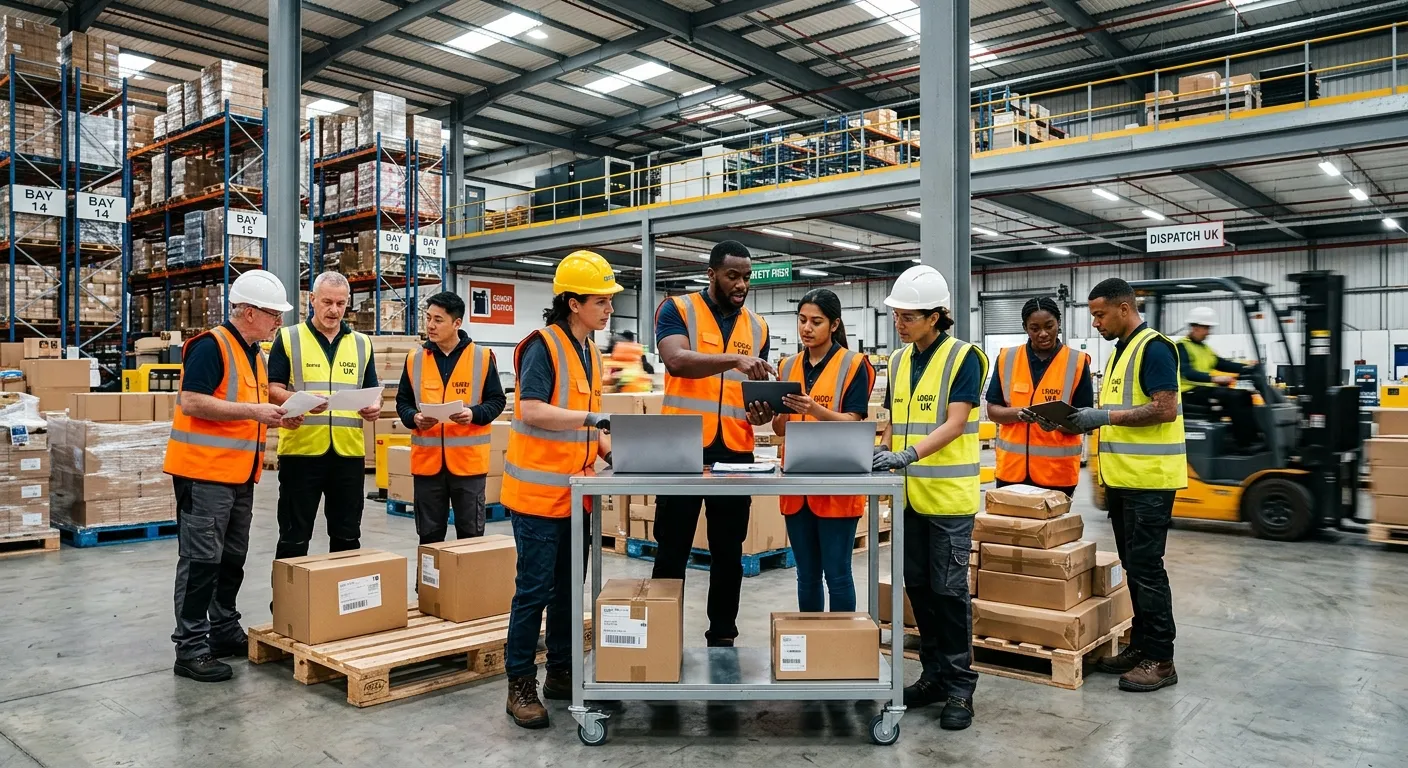 A dynamic, professional photograph of a diverse team of light industrial and warehouse workers in hi... A dynamic, professional photograph of a diverse team of light industrial and warehouse workers in high-visibility vests, gathered in a modern UK warehouse or factory setting. The image should convey urgency, teamwork, and reliability, shot from a low angle to emphasize scale and action. Style: Professional, vibrant, and energetic.