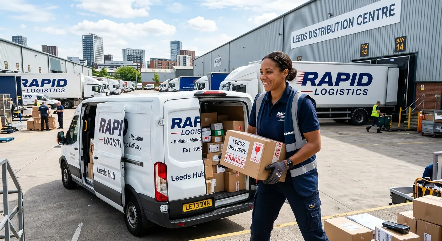 A professional, confident Multi-Drop Driver loading packages into a modern van at a distribution centre in Leeds, showcasing efficiency and reliability. Bright, energetic mood.