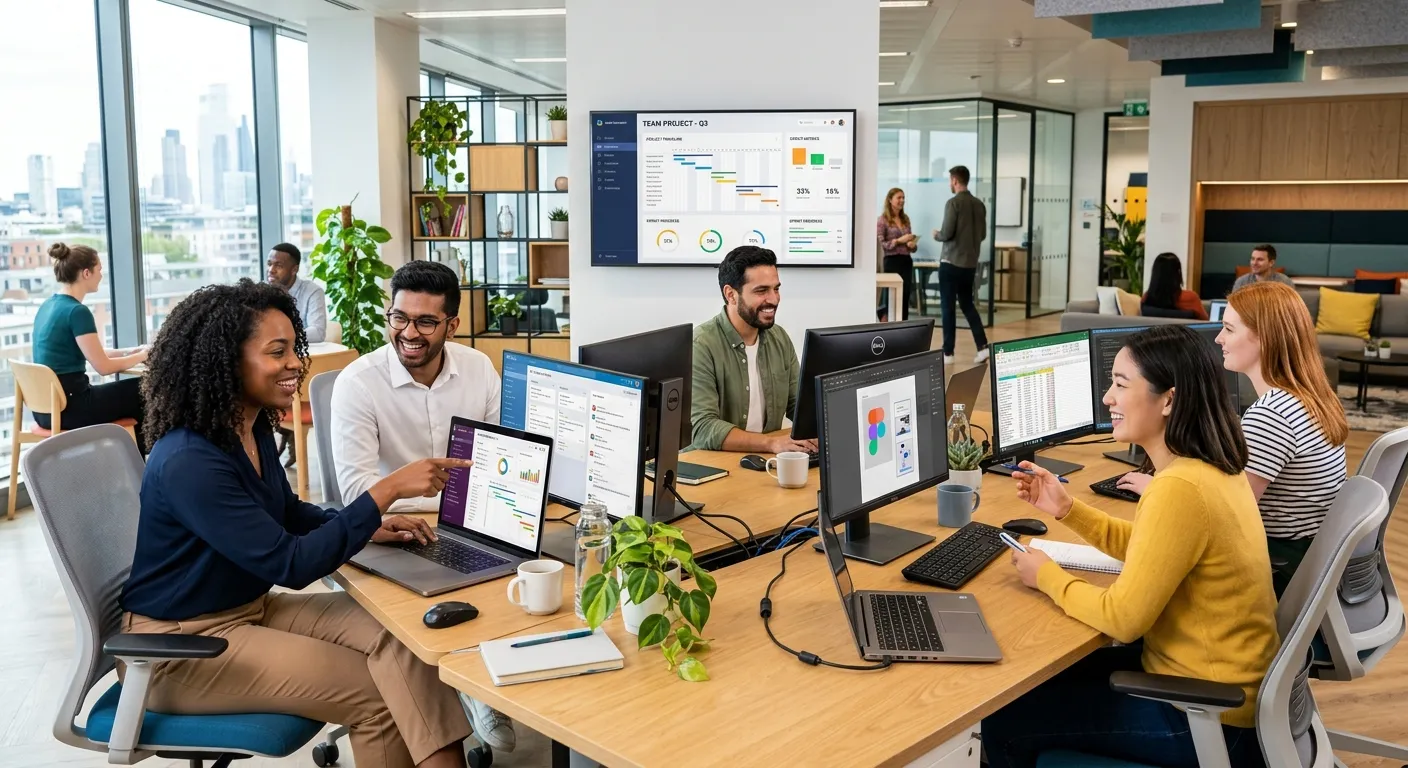 Professional, modern office environment with diverse team working on computers. Focus on clean works... Professional, modern office environment with diverse team working on computers. Focus on clean workspace, organized digital workflow, and collaborative atmosphere. Vibrant, energetic mood.