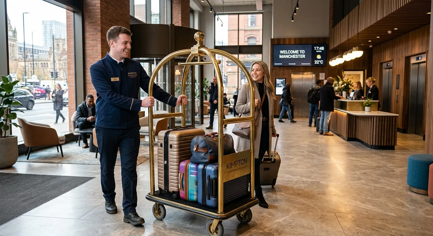A professional and dynamic image of a porter in a modern hotel or hospital setting in Manchester, sm... A professional and dynamic image of a porter in a modern hotel or hospital setting in Manchester, smiling while assisting with luggage or equipment. The style should be bright, energetic, and convey a sense of teamwork and efficiency.