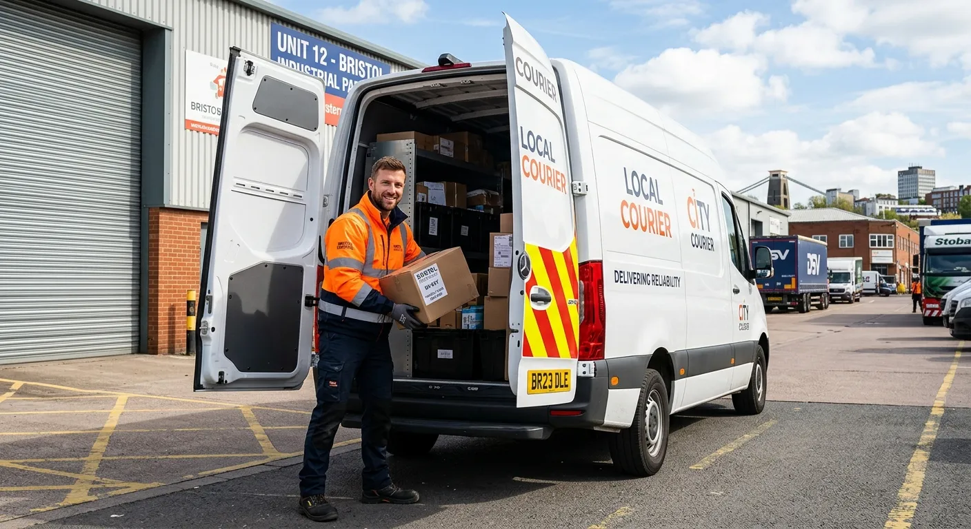 A professional, confident Multi-Drop Driver in high-visibility clothing, loading packages into a clean, modern van on an industrial estate in Bristol. The image should convey efficiency, reliability, and a sunny day.