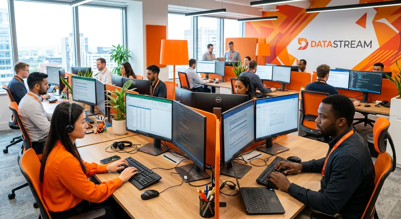A professional, high-energy office environment with a diverse team of data entry specialists working... A professional, high-energy office environment with a diverse team of data entry specialists working efficiently on dual monitors, showcasing focus and modern technology. Style: Bright, crisp, professional photography with vibrant orange accents.