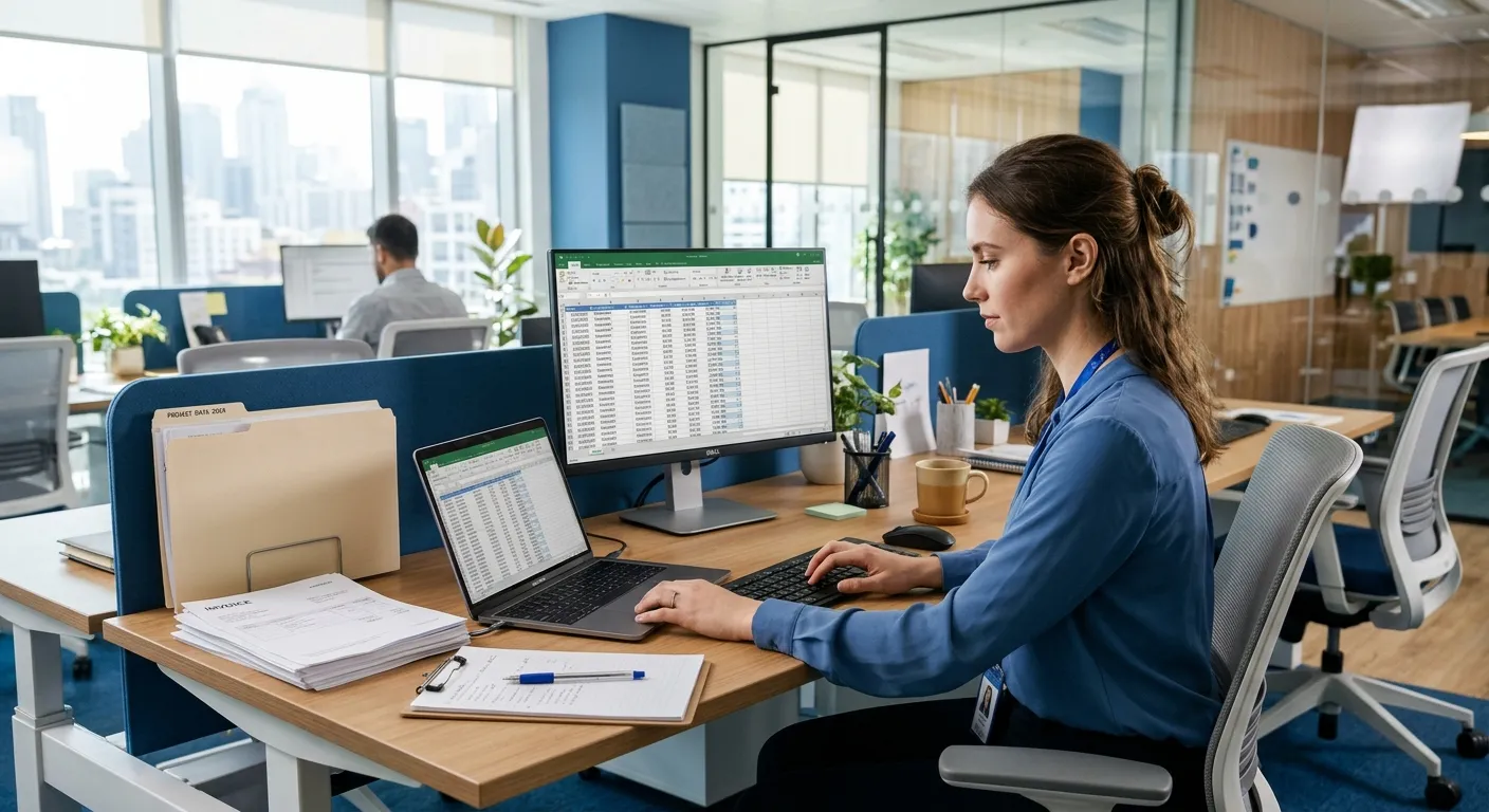 A bright modern office workspace with a data entry clerk working on a laptop, neatly organized docum... A bright modern office workspace with a data entry clerk working on a laptop, neatly organized documents, monitor showing spreadsheet data, natural sunlight, professional blue and white tones, clean and efficient mood