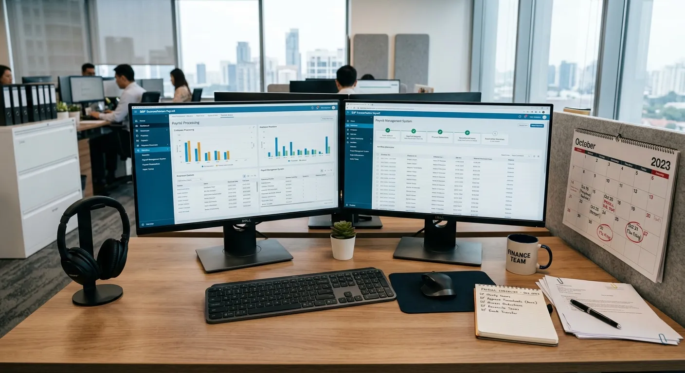 A clean, well-organized office desk in a modern finance department, with dual monitors showing payro... A clean, well-organized office desk in a modern finance department, with dual monitors showing payroll software interfaces, a notebook with checklists, and a calendar highlighting key payroll dates.