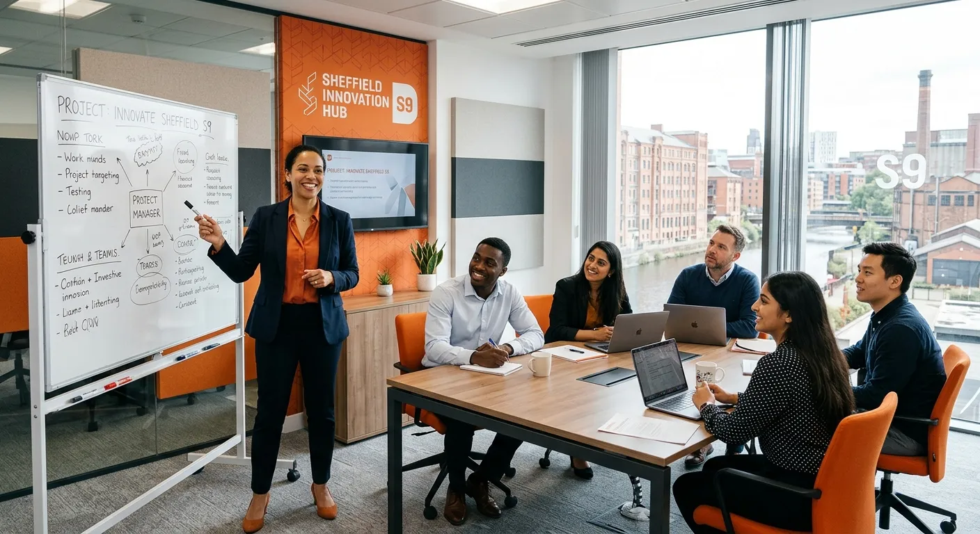 A modern, bright office meeting room in Sheffield S9 with a confident Project Manager leading a dive... A modern, bright office meeting room in Sheffield S9 with a confident Project Manager leading a diverse team around a whiteboard, professional photography, warm orange accents, natural light, trustworthy and energetic mood